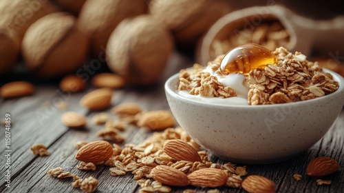 Nutritious oatmeal topped with almonds in a rustic bowl on a wooden table