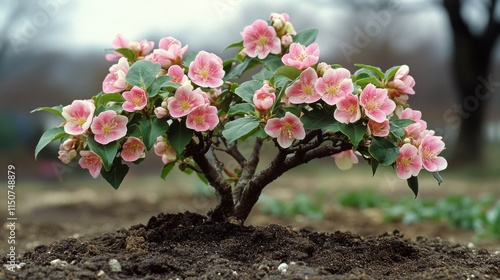 Beautiful flowering tree with pink blossoms in early spring garden setting