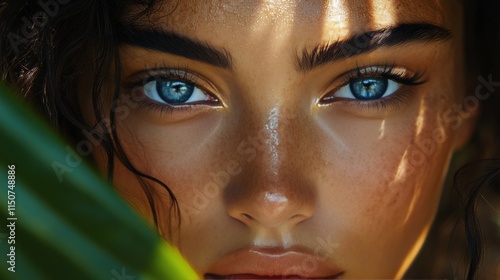 Unique portrait of a woman with curly hair and striking blue eyes showcasing ...