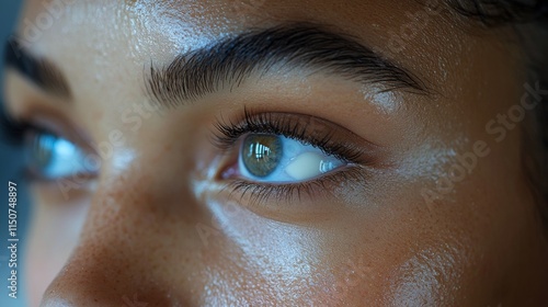 Young woman applying skincare cream in a cozy setting for healthy and glowing...