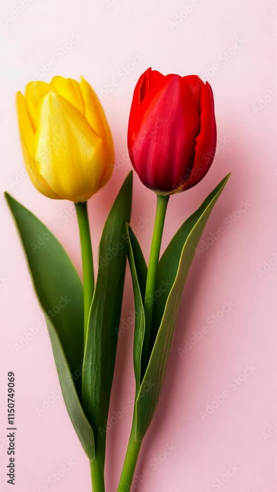 Bright yellow and red tulips display vibrant colors against a soft pink backdrop for spring inspiration Bright yellow and red tulips display vibrant colors against a soft pink backdrop for spring inspiration