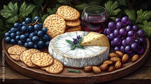 Cheeseboard featuring a variety of crackers, nuts, and grapes arranged beauti...