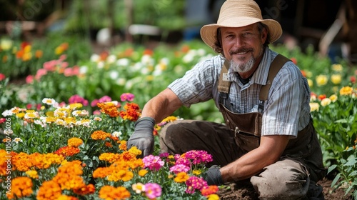 Gardener cultivating vibrant flowers in a sunny backyard landscape