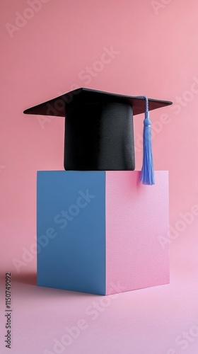 Celebrating academic achievement with a graduation cap on a colorful pedestal