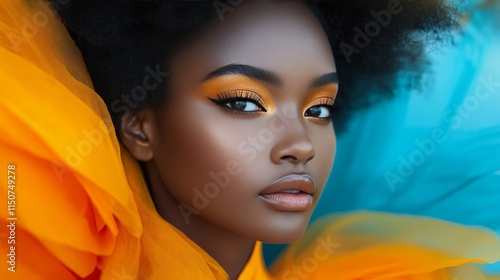 Stunning model with vibrant orange hat and striking makeup posing indoors