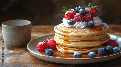 Delicious stack of pancakes topped with berries and whipped cream served with...