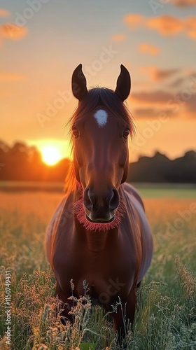 Horse stands gracefully in a golden field at sunset near a forest edge