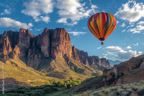 Hot air balloon soaring over rugged mountains under a beautiful sky at dusk