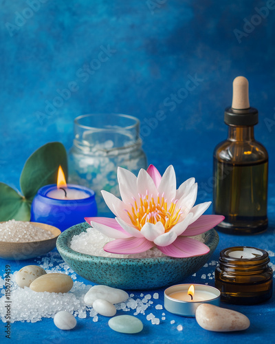 Colorful spa ingredients, including essential oils, bath salts, candles, and stones, with a delicate lotus flower placed in the cente photo