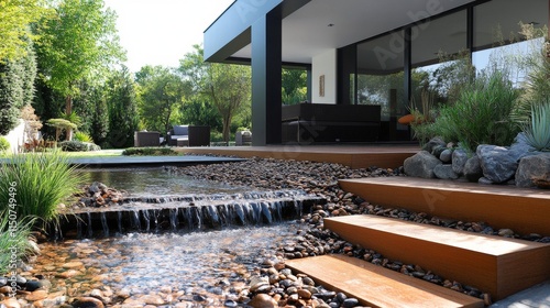 Modern outdoor living space with waterfall feature and sleek architecture sur...