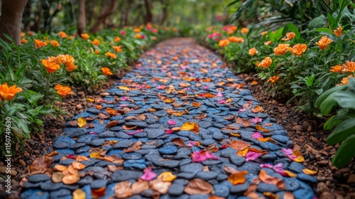 Vibrant autumn path lined with colorful flowers and fallen leaves in a serene...