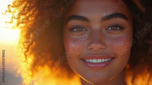 Woman with beautiful freckles and radiant smile in bright indoor setting