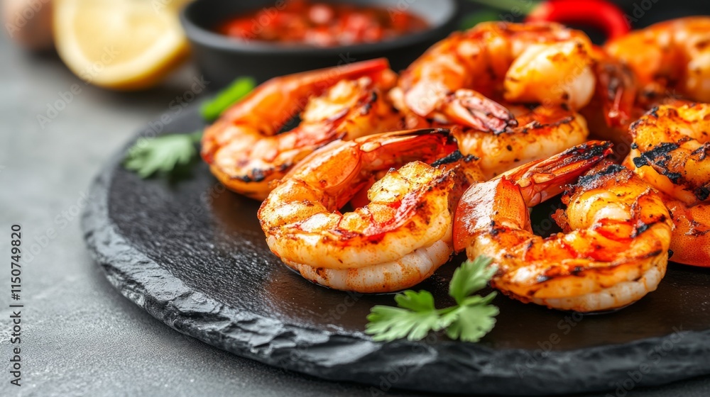 Grilled Shrimp with Spicy Sauce on Black Slate Serving Platter Grilled Shrimp with Spicy Sauce on Black Slate Serving Platter