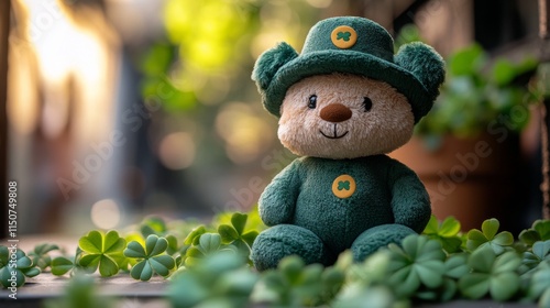 Green plush bear sits among clovers in a sunlit garden, celebrating St. Patri...
