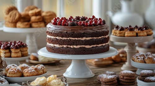 Chocolate cake decorated for a special occasion with assorted baked goods in ...