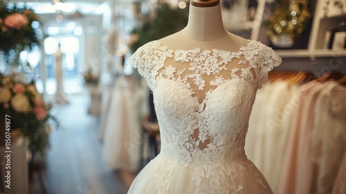 Bridal gown display in a boutique setting with intricate lace detailing