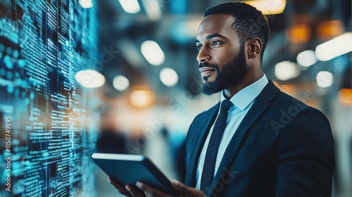 Business professional analyzing data trends on tablet during evening meeting