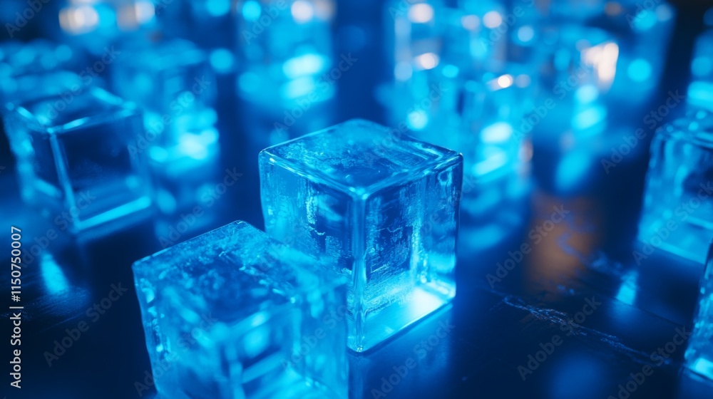 Illuminated Ice Cubes on Black Background with Blue Glow Effects Illuminated Ice Cubes on Black Background with Blue Glow Effects
