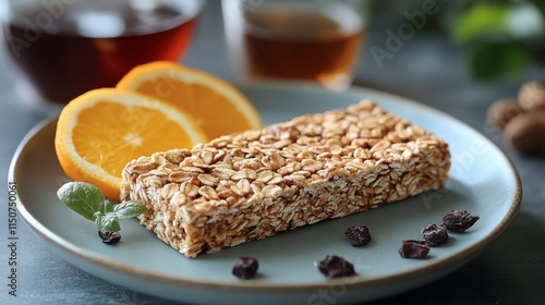 Healthy snack with oat bar, orange slices, and herbal tea on a rustic table