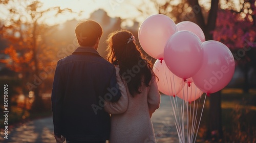 Romantic walk at sunset with balloons in a park