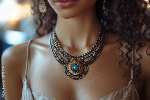 Elegant choker adorns womans neck in soft sunlight near a vibrant background