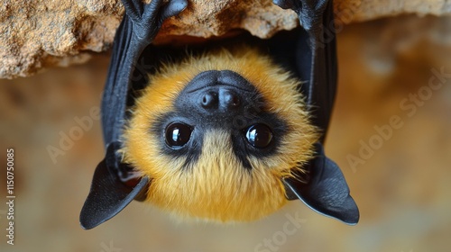 Cute bat hanging upside down in a natural habitat during daylight hours in a ...