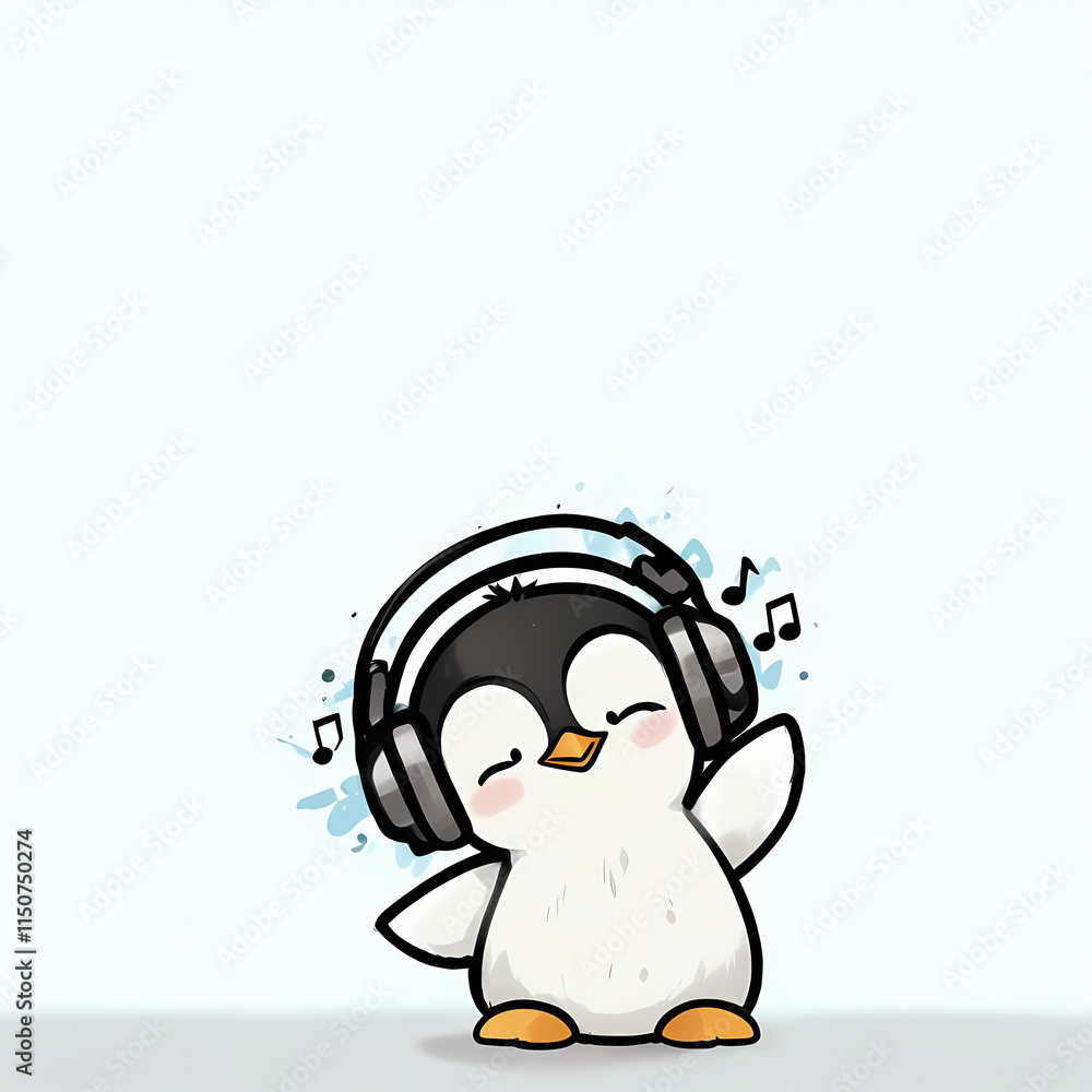 Cartoon illustration of cute penguin with headphones and musical notes on abstract white background Cartoon illustration of cute penguin with headphones and musical notes on abstract white background