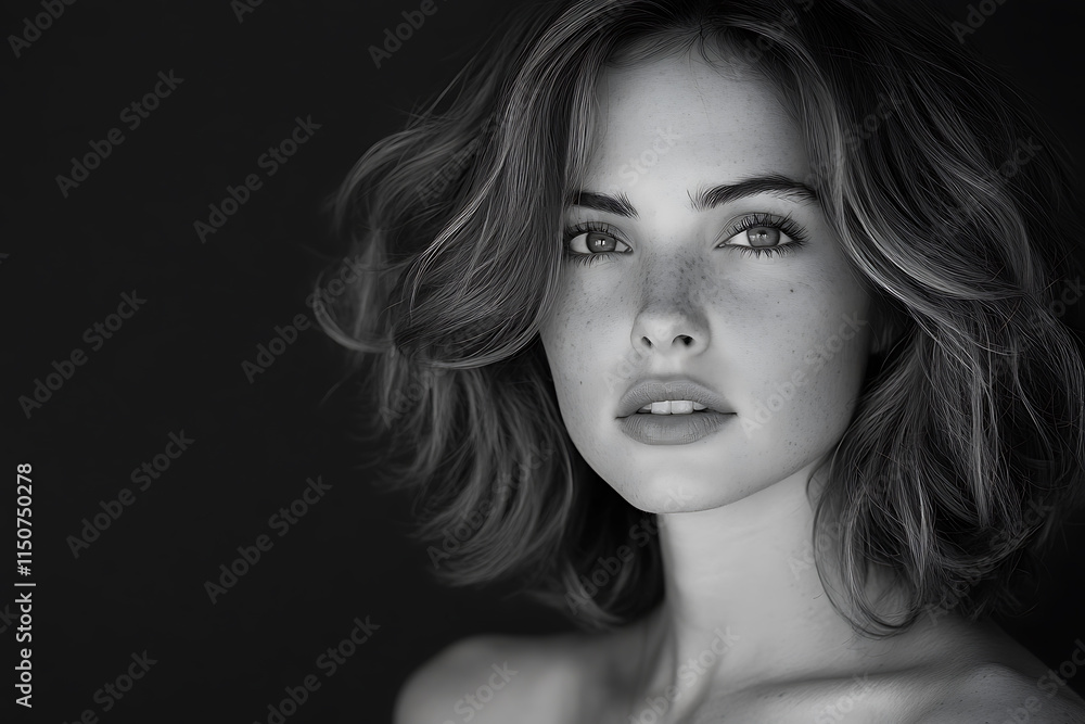 A timeless black-and-white studio portrait of a woman with dramatic lighting emphasizing her features A timeless black-and-white studio portrait of a woman with dramatic lighting emphasizing her features