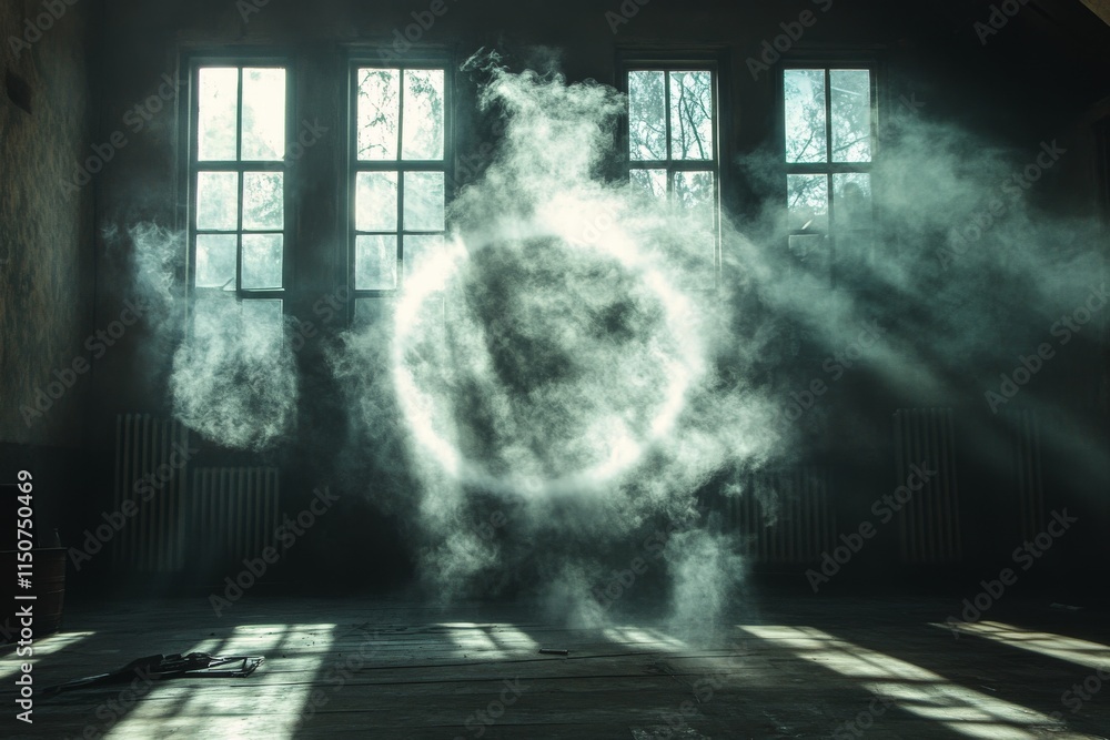 Mysterious glowing moon illuminating a foggy room at night Mysterious glowing moon illuminating a foggy room at night