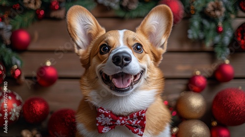 Happy corgi in a festive setting surrounded by decorations and Christmas stoc...