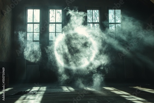 Mysterious glowing moon illuminating a foggy room at night