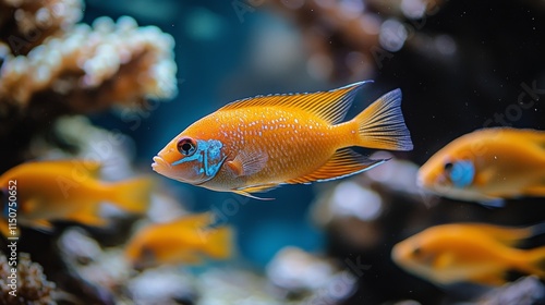 Vibrant underwater scene with colorful fish swimming among coral structures