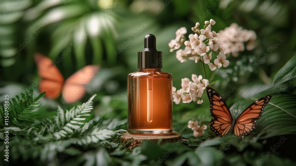 Herbal essence bottle surrounded by lush greenery and colorful butterflies in a serene setting Herbal essence bottle surrounded by lush greenery and colorful butterflies in a serene setting