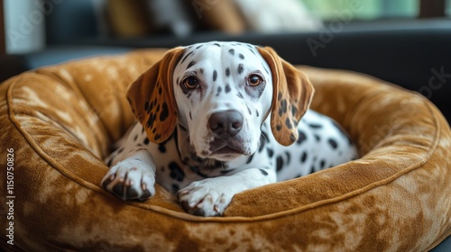 Dalmatian dog relaxing in cozy bed by the fireplace during a calm evening