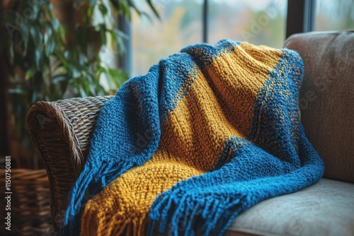 Cozy blue and yellow crocheted blanket draped over a vintage armchair in a wa...