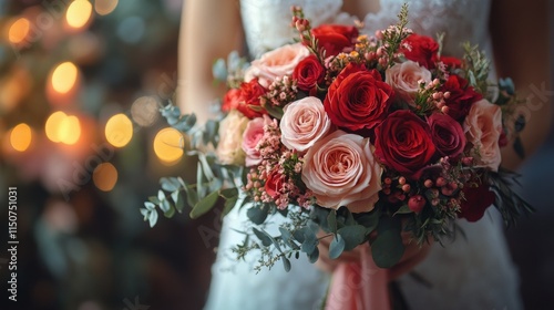 Beautiful bouquet of red and pink roses with greenery in autumn light