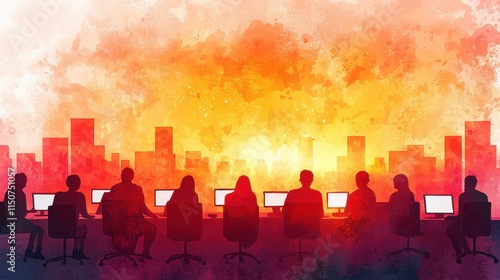 Silhouetted Figures in a Modern Office Against a Vibrant Sunset