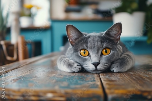 Gray cat with striking orange eyes resting on a weathered wooden surface in n...