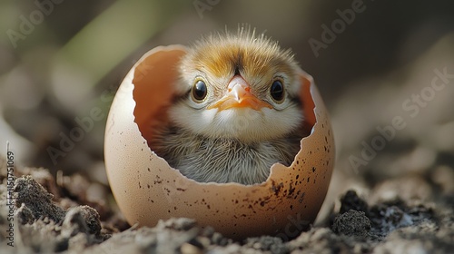 Baby bird hatching from egg in lush green environment during daylight