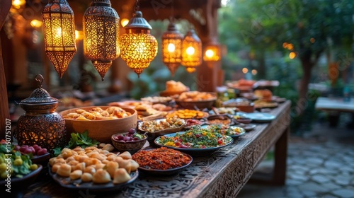 Festive gathering with traditional treats and drinks displayed under warm lan...