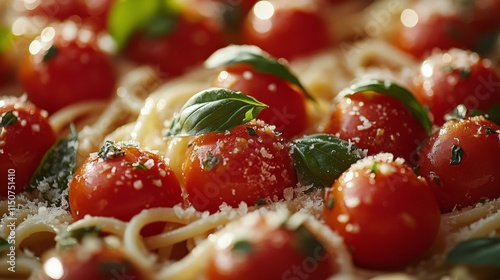 Fresh pasta adorned with cherry tomatoes and basil, a vibrant Italian dish