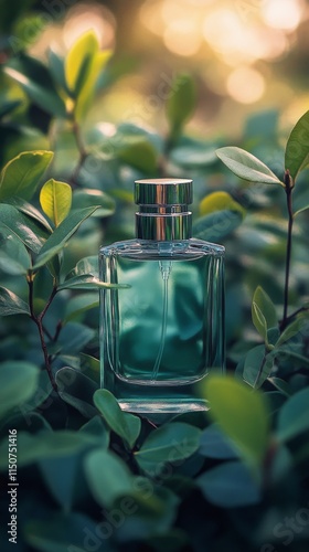 Elegant green perfume bottle surrounded by lush greenery in a tranquil outdoo...