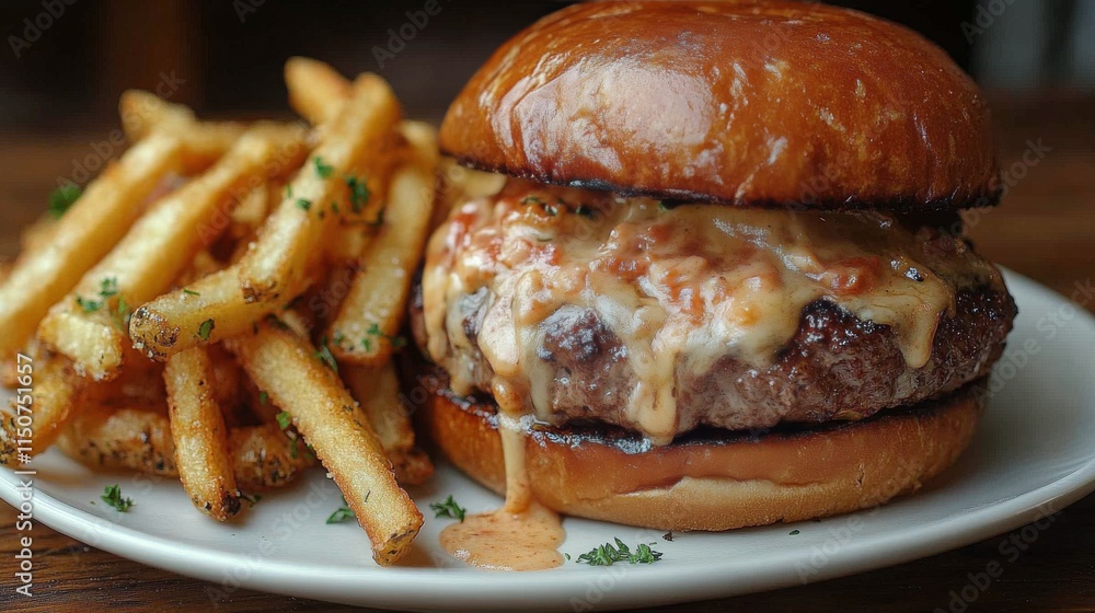 Juicy burger with crispy fries served at a casual dining restaurant during lunch hour Juicy burger with crispy fries served at a casual dining restaurant during lunch hour