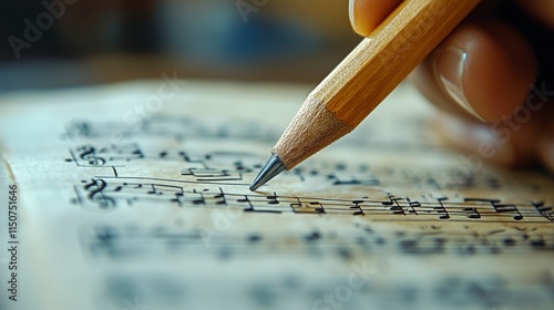 Creating musical notations with a pencil on sheet music for a new composition