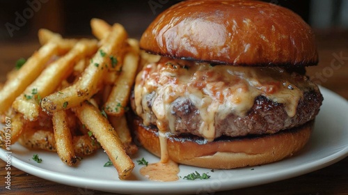 Juicy burger with crispy fries served at a casual dining restaurant during lu...