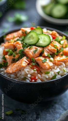 Fresh salmon rice bowl topped with cucumber and herbs for a healthy meal