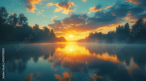 Breathtaking sunset over calm lake with vibrant colors reflecting on water