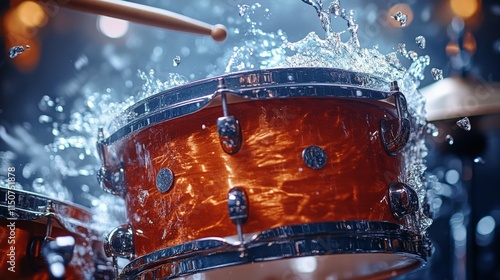 Water splashes dramatically over a wooden drum during a dynamic music perform...