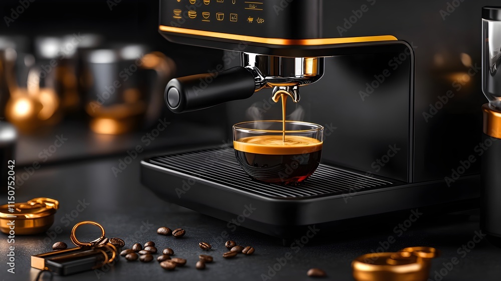 Powerful espresso machine with digital controls, rich coffee pouring from spout, surrounded by coffee tools, perfect for baristas Powerful espresso machine with digital controls, rich coffee pouring from spout, surrounded by coffee tools, perfect for baristas