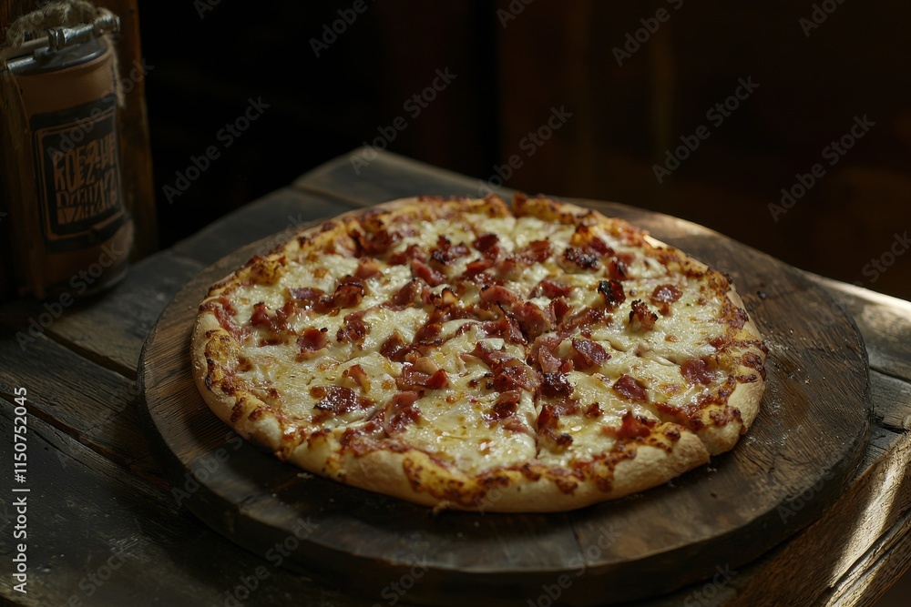 Pizza served on a rustic wooden tray for professional food photography. Pizza served on a rustic wooden tray for professional food photography.